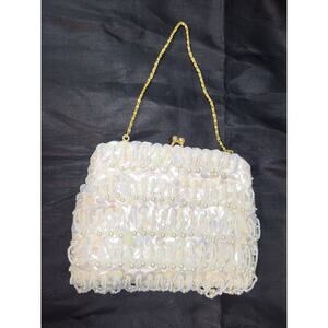 Vintage 1940s White Beaded Sequin Satin Clutch